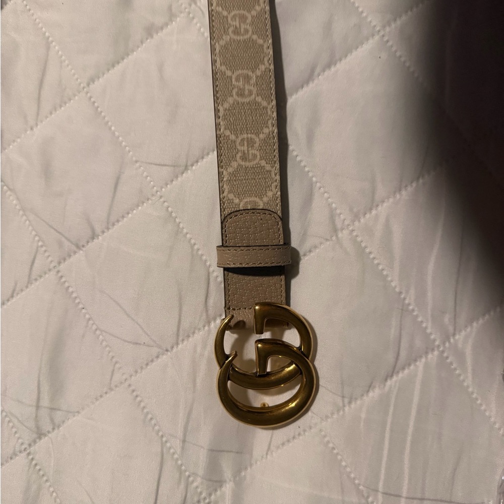Gucci Beige Monogram Leather Belt with Gold Double G Buckle